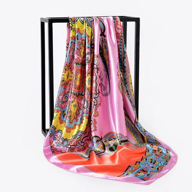 Luxury Long Soft Square Silk Scarves Lightweight Elegant Satin Silk Soft Head Wrap Escharpe Hijab Scarf Muslim Female Silky Shawls Wrap Hair Head Scarves Bandanna For  Women 90*90cm