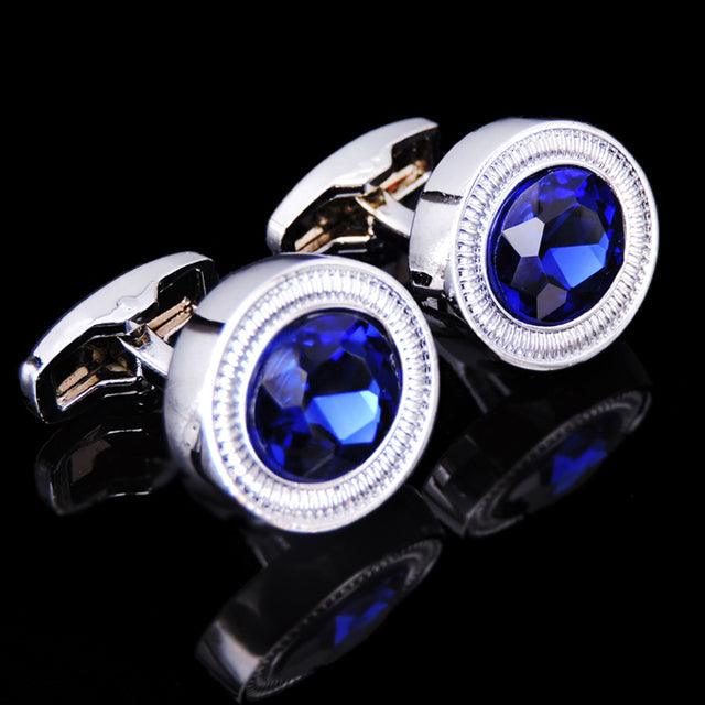 Luxury Men Shirt Cufflinks New Fashion Blue Crystal Cufflinks Gorgeous Elegant Round Cufflinks Wedding Gifts Party Cufflinks