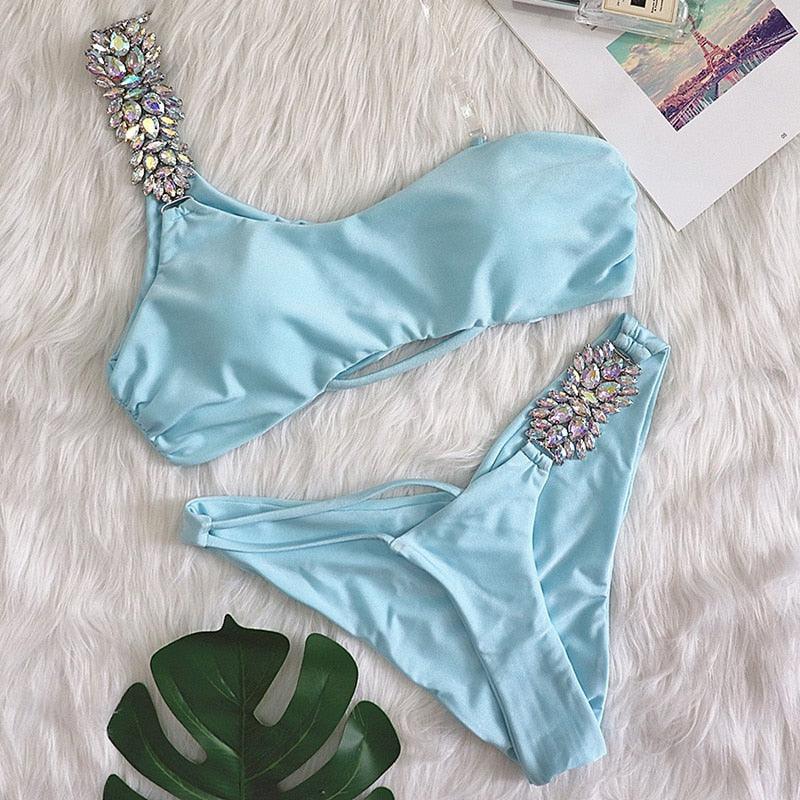 Luxury Purple Halter Crystal Diamond Bikini Female Swimsuit Women Swimwear Rhinestone Bikini Set Bathing Suit Women's Swimwear Rhinestone Halter Low Waist Tie Side Bikini Set 2 Pieces Crystal Diamond Swimsuit