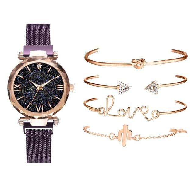 Luxury Rose Gold Starry Sky Dial Watches Women Crystal Bracelet Quartz Wrist Watch 5 PCS Set Women Ladies Watches Starry Sky Magnet Buckle Dial Diamond Cutting Mesh Straps Bracelet Wristwatch