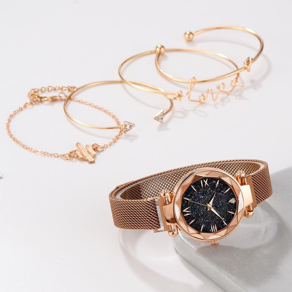 Luxury Rose Gold Starry Sky Dial Watches Women Crystal Bracelet Quartz Wrist Watch 5 PCS Set Women Ladies Watches Starry Sky Magnet Buckle Dial Diamond Cutting Mesh Straps Bracelet Wristwatch