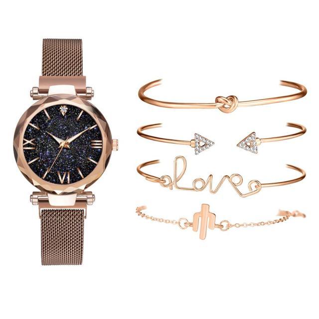 Luxury Rose Gold Starry Sky Dial Watches Women Crystal Bracelet Quartz Wrist Watch 5 PCS Set Women Ladies Watches Starry Sky Magnet Buckle Dial Diamond Cutting Mesh Straps Bracelet Wristwatch