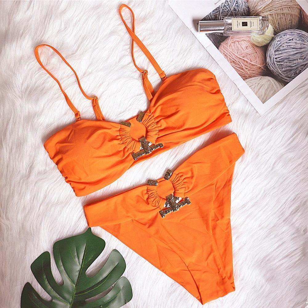 Luxury Shiny Diamond Bikini Solid One Shoulder High Cut Push Up Swimsuit Female Crystal Bathing Suit Swimwear One-Shoulder Bikini Set High Waisted Cutout Swimsuit Crop Top Bathing Suit