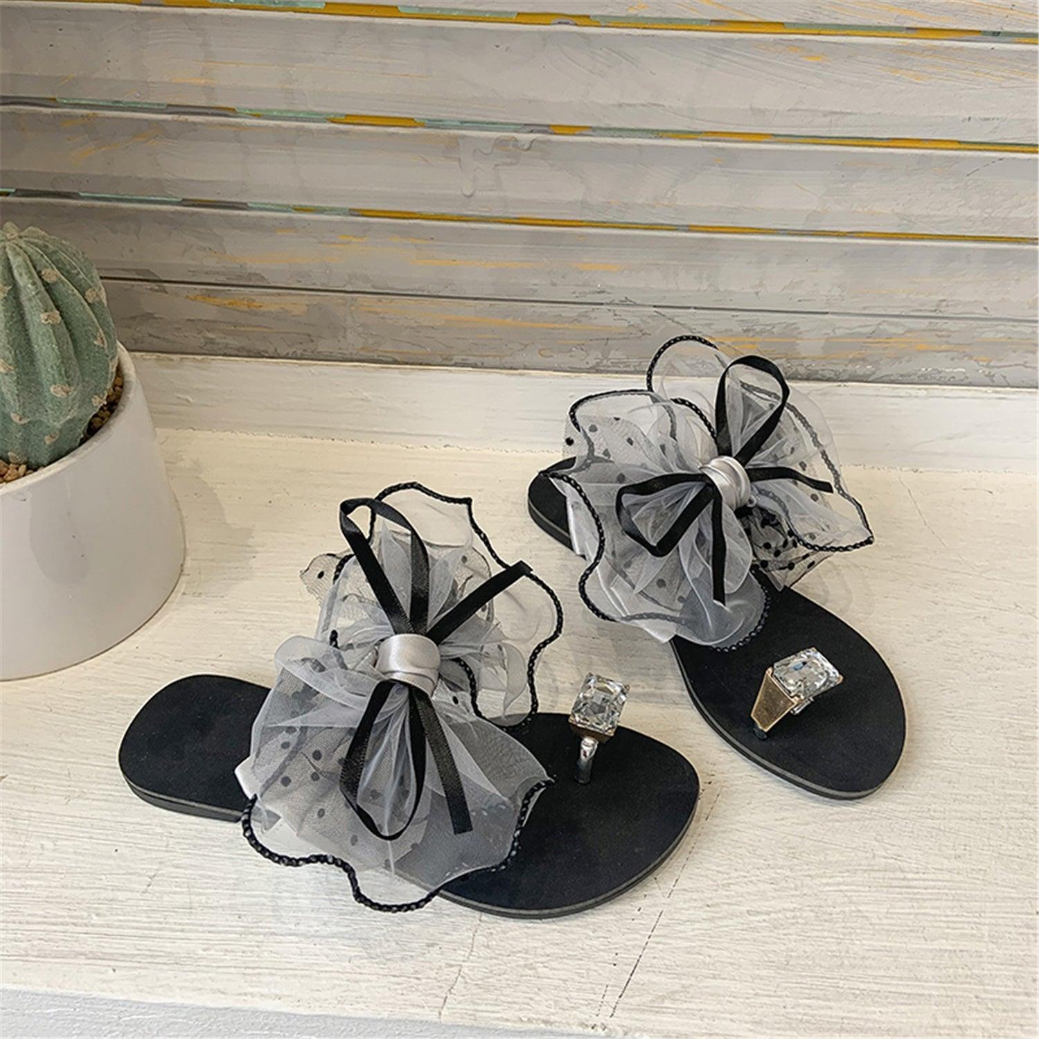 Luxury Shiny Rhinestone Summer Cute Bowtie Decorate Non-Slip Sandals Slipper Flats Mules Casual Fashion Beach Flip Flops Bow Sandals Rubber Flat Summer Beach Rain Shoes