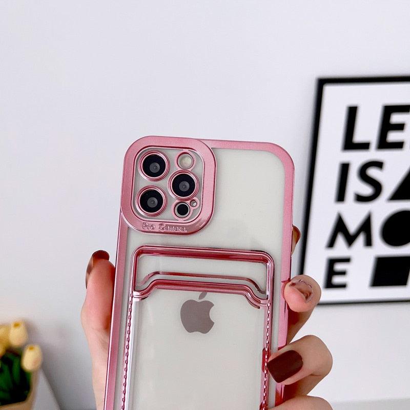 Luxury Square Phone Case For iPhone 13 11 14 12 Pro Max Mini XS XR 6s 7 8 Plus SE Cover Soft Silicone Wallet Card Holder Clear Card Slot Case Slim Fit Protective Soft Wallet Case