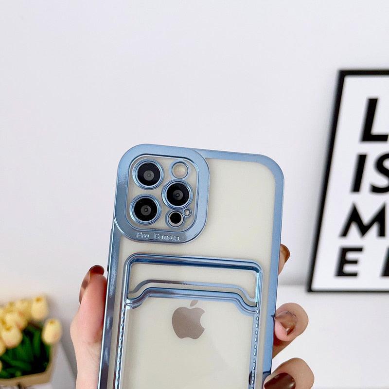 Luxury Square Phone Case For iPhone 13 11 14 12 Pro Max Mini XS XR 6s 7 8 Plus SE Cover Soft Silicone Wallet Card Holder Clear Card Slot Case Slim Fit Protective Soft Wallet Case