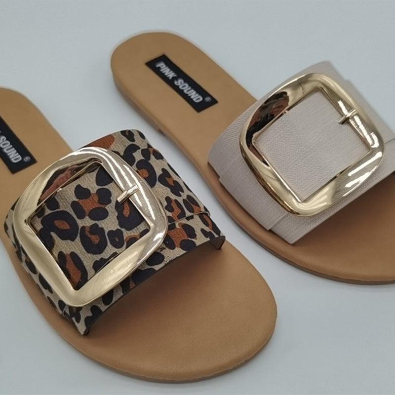 Luxury Summer Leopard Design Women's Slippers Shoes Summer Flat Woman Fashion Buckle Peep Toe Flat Shoes Adjustable Buckle Strap Casual Comfort Footbed Slides Sandals For Indoor And Outdoor Beach