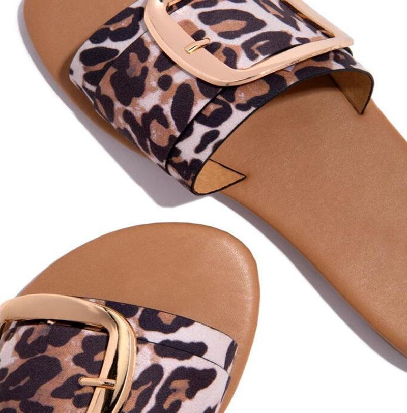 Luxury Summer Leopard Design Women's Slippers Shoes Summer Flat Woman Fashion Buckle Peep Toe Flat Shoes Adjustable Buckle Strap Casual Comfort Footbed Slides Sandals For Indoor And Outdoor Beach