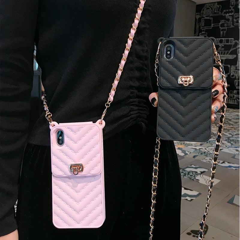 Luxury Wallet Bag Phone Case For iPhone 14 13 12 MINI 11 Pro XR XS Max 6 7 8 Plus Silicone Card Pocket Strap Cover With Lanyard Crossbody Chain Card Holder Slot Handbag Wrist Strap Protective Cover