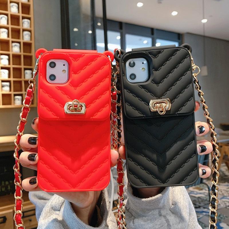 Luxury Wallet Bag Phone Case For iPhone 14 13 12 MINI 11 Pro XR XS Max 6 7 8 Plus Silicone Card Pocket Strap Cover With Lanyard Crossbody Chain Card Holder Slot Handbag Wrist Strap Protective Cover