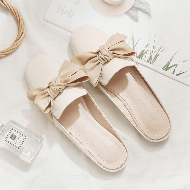 Luxury Woman Summer Close Toe Slippers Lazy Slides Flat Heel Slippers Outdoor Flip Flops Shoes Black Dress Shoes Soft Round-Toe White Flats Casual Flats Shoes