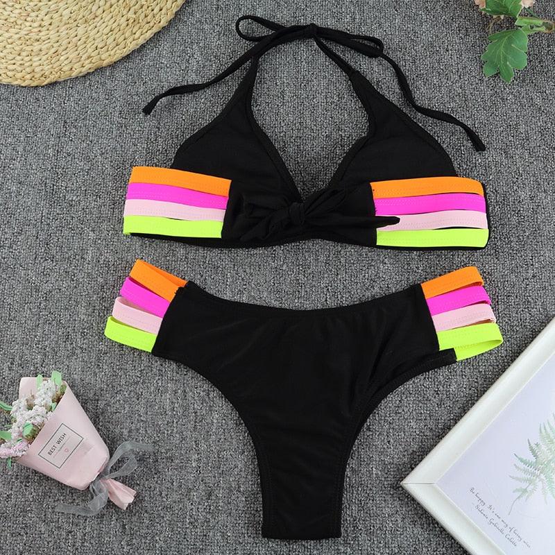 Luxury Women Black Bikini High Waist Swimwear Female 2 Pieces Set Swimsuit Bathing Suit Women Beach Women's High Waisted Bandage Bikini Set Two Piece Push Up Swimsuits