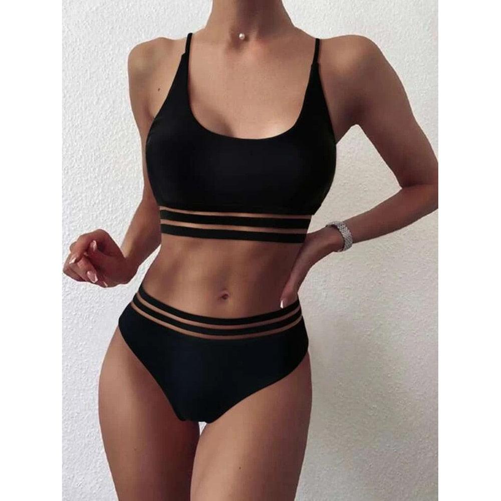 Luxury Women Black Bikini High Waist Swimwear Female 2 Pieces Set Swimsuit Bathing Suit Women Beach Women's High Waisted Bandage Bikini Set Two Piece Push Up Swimsuits