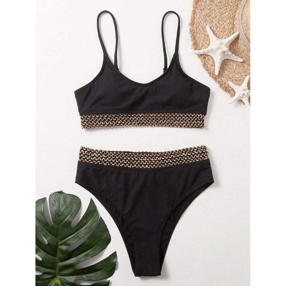 Luxury Women Black Bikini High Waist Swimwear Female 2 Pieces Set Swimsuit Bathing Suit Women Beach Women's High Waisted Bandage Bikini Set Two Piece Push Up Swimsuits