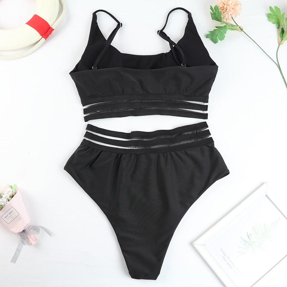 Luxury Women Black Bikini High Waist Swimwear Female 2 Pieces Set Swimsuit Bathing Suit Women Beach Women's High Waisted Bandage Bikini Set Two Piece Push Up Swimsuits