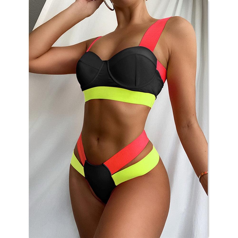 Luxury Women Black Bikini High Waist Swimwear Female 2 Pieces Set Swimsuit Bathing Suit Women Beach Women's High Waisted Bandage Bikini Set Two Piece Push Up Swimsuits