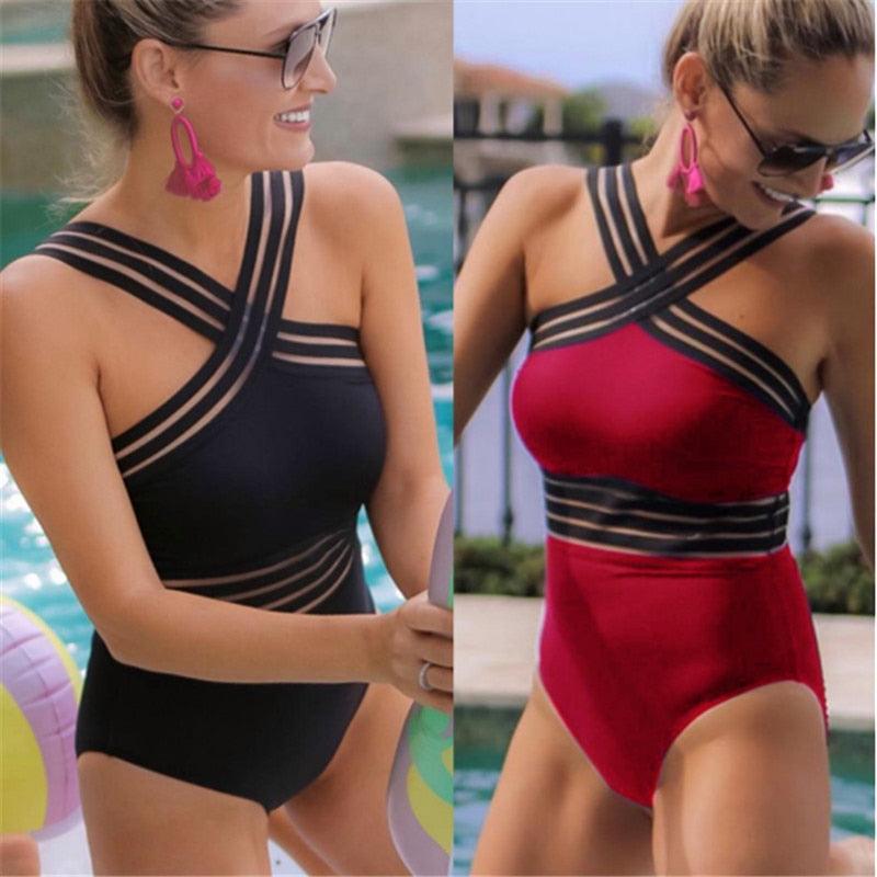 Luxury Women Black Swimsuits Women High Neck One Piece Swimsuits For Women Mesh Bathing Suits Open Back Swimwear One Piece Swimwear For Lady High Neck Bandage Cross Back Swimming Suit Female Holiday Beachwear