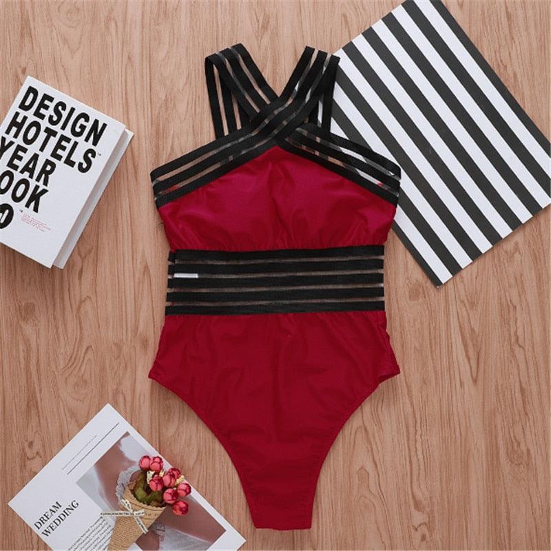 Luxury Women Black Swimsuits Women High Neck One Piece Swimsuits For Women Mesh Bathing Suits Open Back Swimwear One Piece Swimwear For Lady High Neck Bandage Cross Back Swimming Suit Female Holiday Beachwear