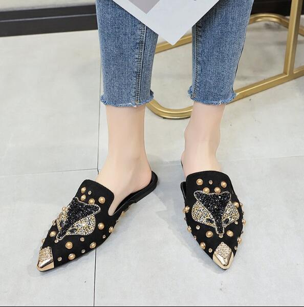 Luxury Women Mules Ladies Summer Slippers Women Shoes New Low Heels Flat Casual Shoes Woman Flip Flops Mules For Women Slip On Flats Loafers Pointed Toe Womens Mules