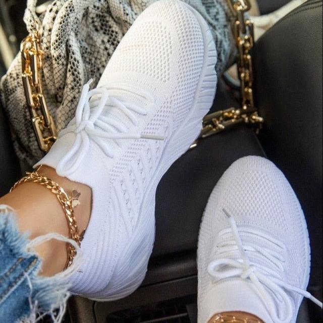 Luxury Women Sneakers Casual Comfortable Mesh Lace-Up Ladies Sport Shoes Chunky Women's Vulcanized Elegant Sneakers Platform Shoes Flats Solid Casual Spring Summer Sneakers