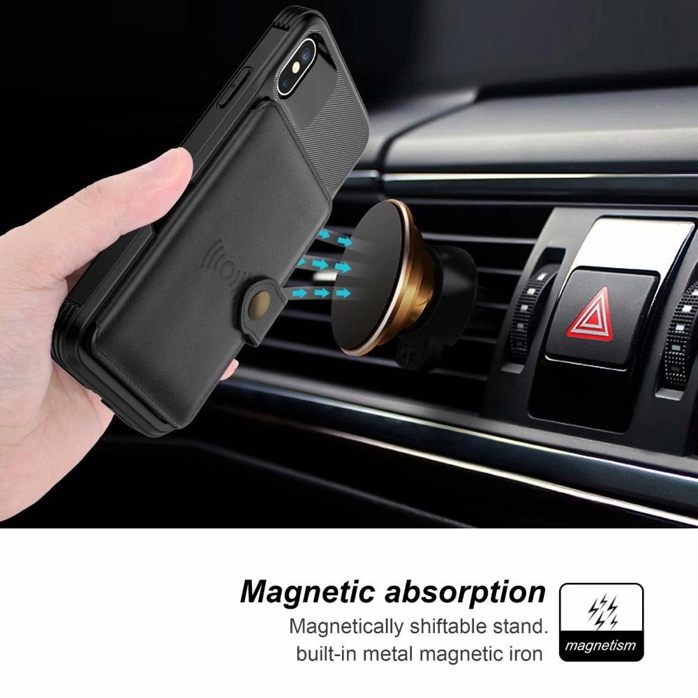 Magnetic Black Leather Wallet Case for iPhone 14 13 11 12 Case Armor Shockproof Card Holder Wallet Flip Cover Buckle Cash Card Sleeve Leather Protective Kickstand Durable High Capacity Phone Case