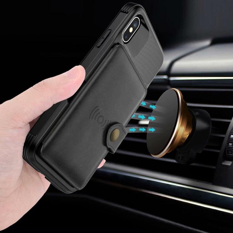 Magnetic Black Leather Wallet Case for iPhone 14 13 11 12 Case Armor Shockproof Card Holder Wallet Flip Cover Buckle Cash Card Sleeve Leather Protective Kickstand Durable High Capacity Phone Case