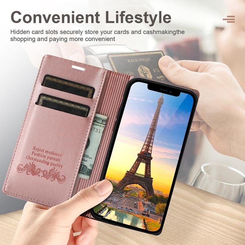 Magnetic Flip Leather Card Slot Wallet Case for iPhone 14 13 12 11 Pro Max Flip Invisible Magnetic Elegant Retro Phone Case Premium Leather PU Soft Flip Cover For iPhone