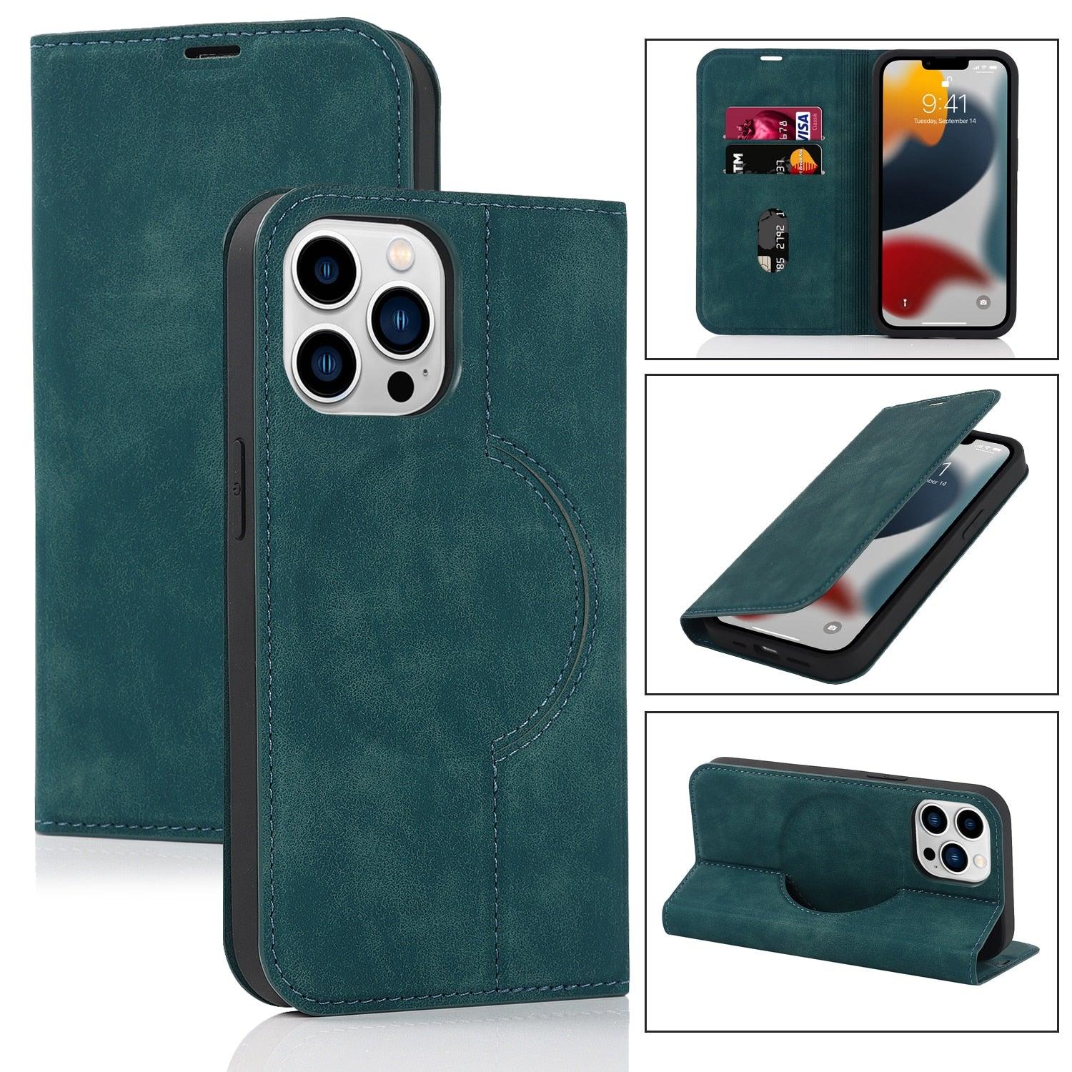 Magnetic Leather Wallet Phone Cover for iPhone 14 Plus 13 Pro Max 12 Mini for Wireless Charging Kickstand Card Case Magnetic Flip PU Leather Phone Case with Card Holder Slots Kickstand Shockproof Case