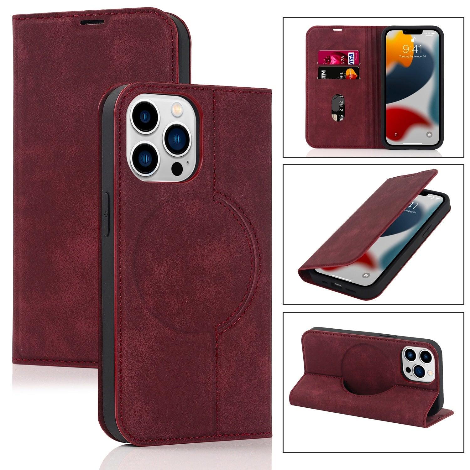 Magnetic Leather Wallet Phone Cover for iPhone 14 Plus 13 Pro Max 12 Mini for Wireless Charging Kickstand Card Case Magnetic Flip PU Leather Phone Case with Card Holder Slots Kickstand Shockproof Case