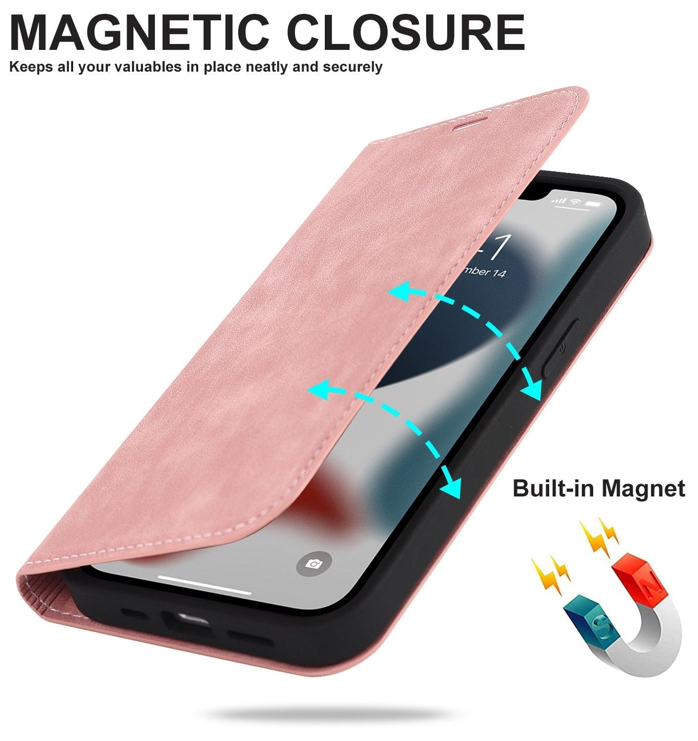 Magnetic Leather Wallet Phone Cover for iPhone 14 Plus 13 Pro Max 12 Mini for Wireless Charging Kickstand Card Case Magnetic Flip PU Leather Phone Case with Card Holder Slots Kickstand Shockproof Case