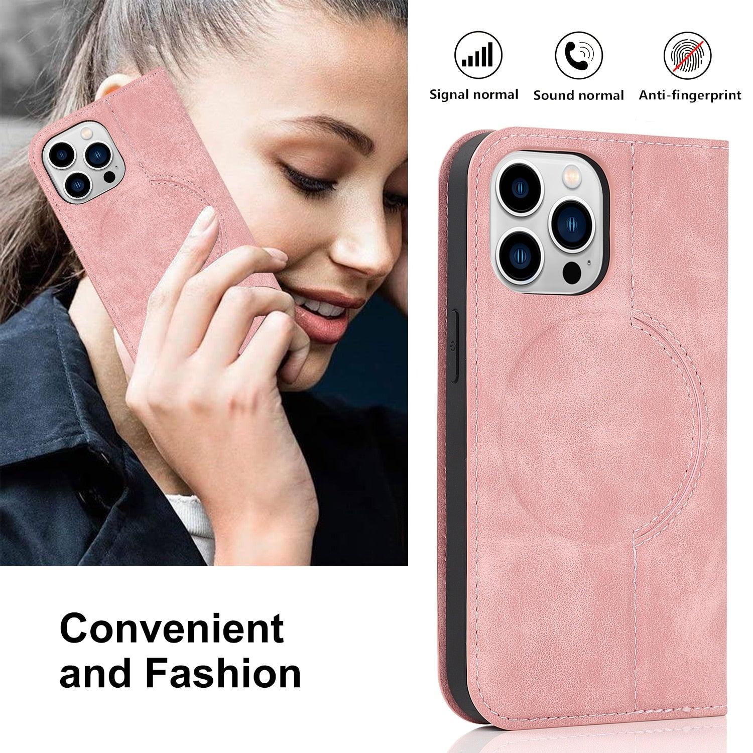 Magnetic Leather Wallet Phone Cover for iPhone 14 Plus 13 Pro Max 12 Mini for Wireless Charging Kickstand Card Case Magnetic Flip PU Leather Phone Case with Card Holder Slots Kickstand Shockproof Case