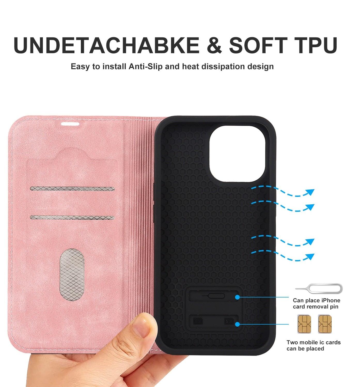 Magnetic Leather Wallet Phone Cover for iPhone 14 Plus 13 Pro Max 12 Mini for Wireless Charging Kickstand Card Case Magnetic Flip PU Leather Phone Case with Card Holder Slots Kickstand Shockproof Case