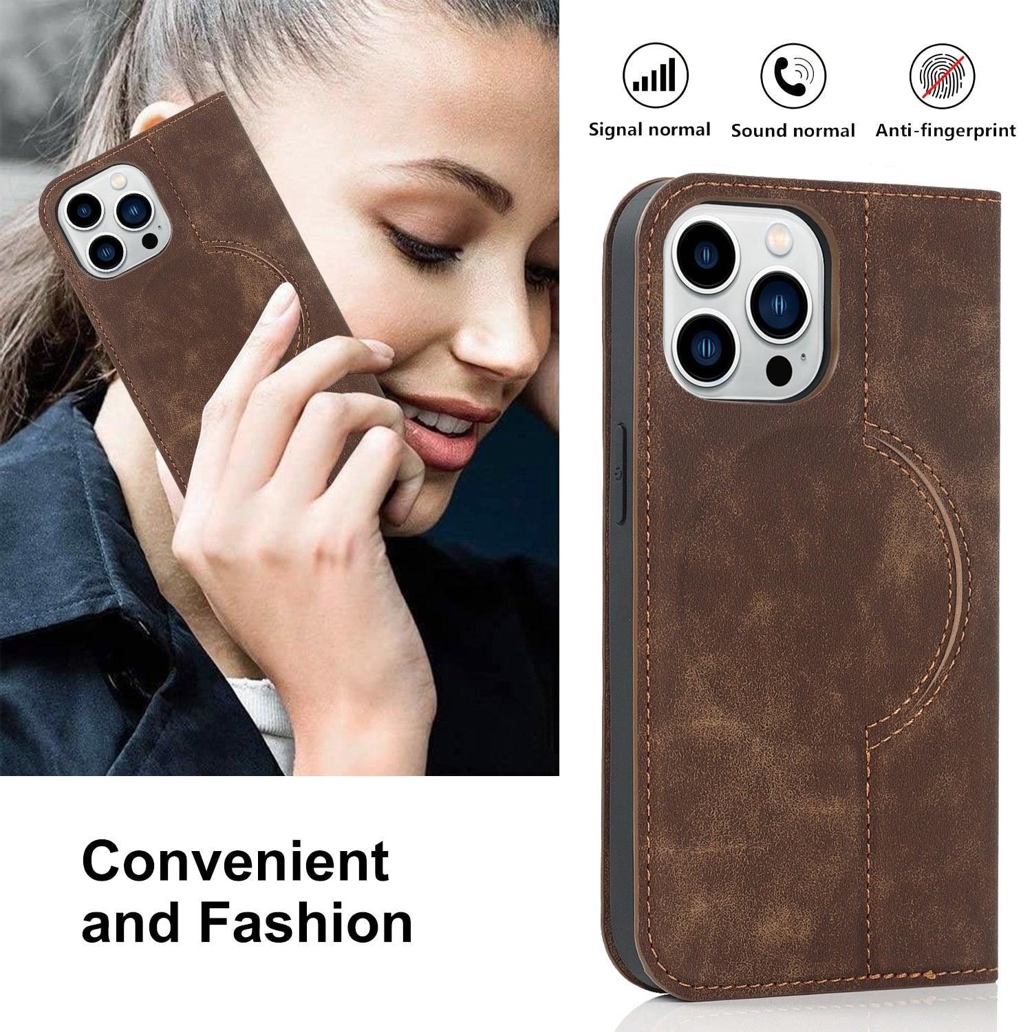 Magnetic Leather Wallet Phone Cover for iPhone 14 Plus 13 Pro Max 12 Mini for Wireless Charging Kickstand Card Case Magnetic Flip PU Leather Phone Case with Card Holder Slots Kickstand Shockproof Case