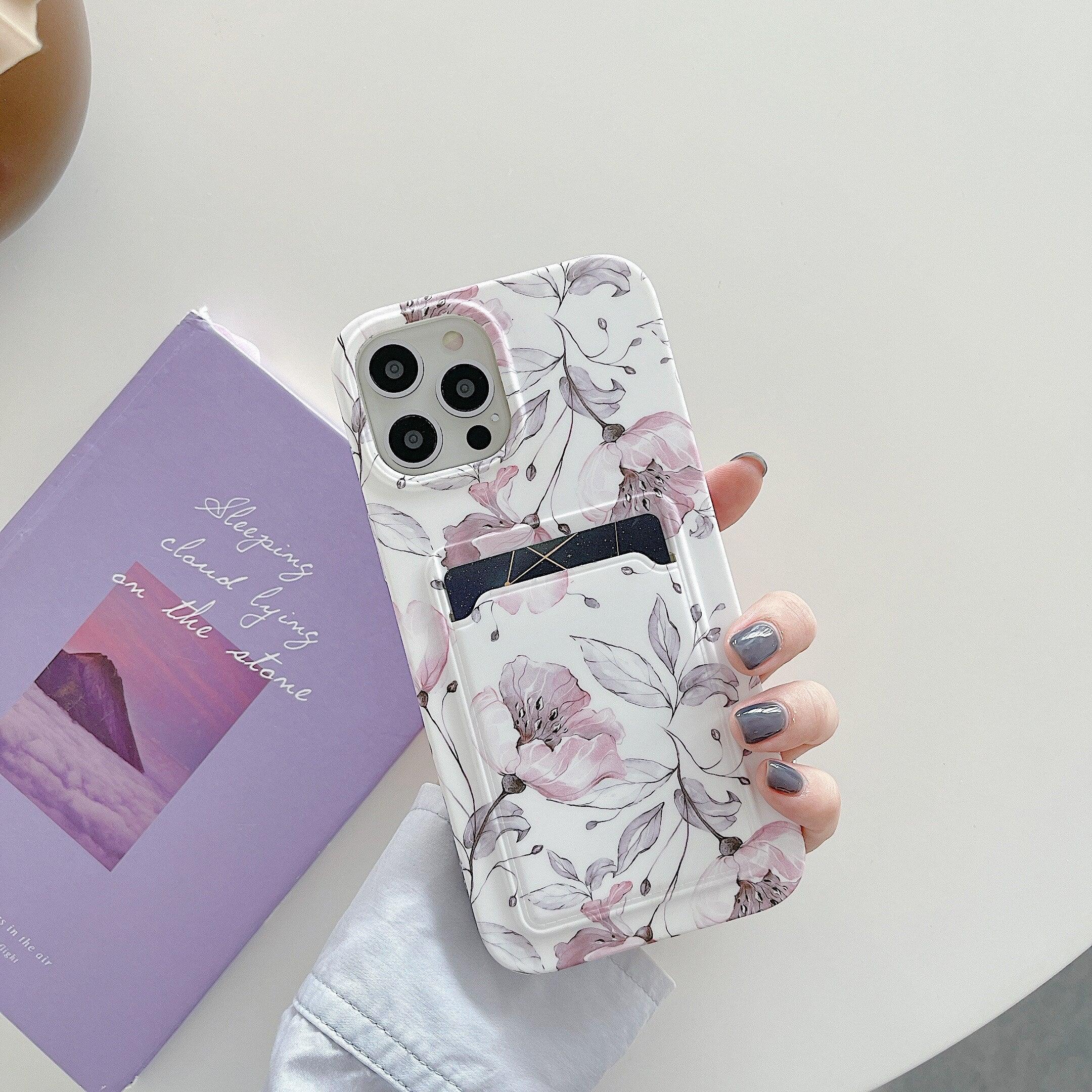 Marble Card Holder Flower Leopard Print Phone Case For iPhone 11 12 13 Pro Max Wallet Soft Silicone Cover Silicone Grey White Shiny Slim Soft Scratch Resistant Case