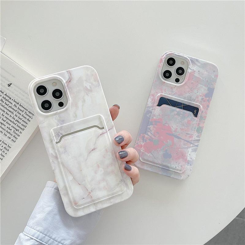 Marble Card Holder Flower Leopard Print Phone Case For iPhone 11 12 13 Pro Max Wallet Soft Silicone Cover Silicone Grey White Shiny Slim Soft Scratch Resistant Case