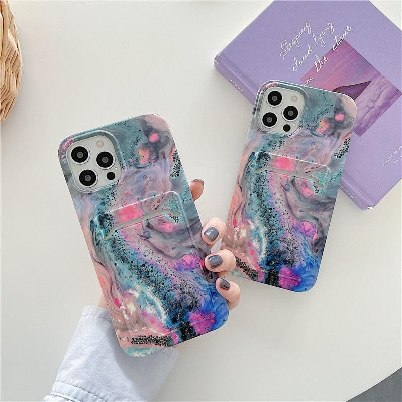 Marble Card Holder Flower Leopard Print Phone Case For iPhone 11 12 13 Pro Max Wallet Soft Silicone Cover Silicone Grey White Shiny Slim Soft Scratch Resistant Case