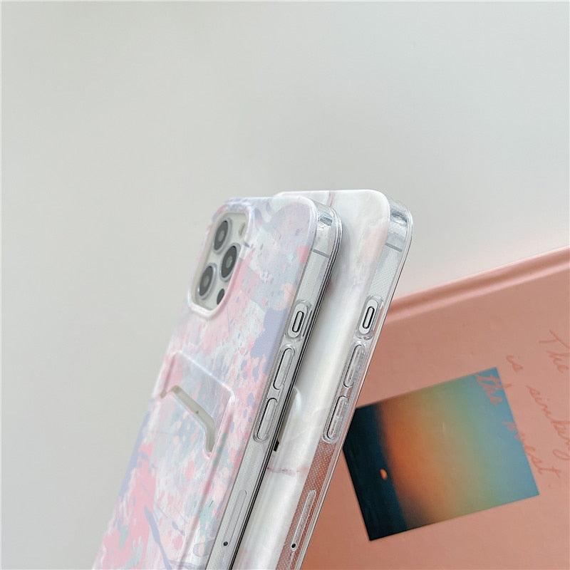 Marble Card Holder Flower Leopard Print Phone Case For iPhone 11 12 13 Pro Max Wallet Soft Silicone Cover Silicone Grey White Shiny Slim Soft Scratch Resistant Case