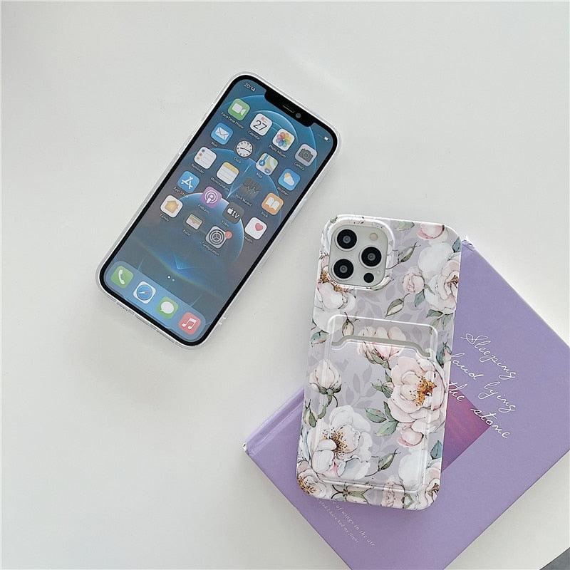 Marble Card Holder Flower Leopard Print Phone Case For iPhone 11 12 13 Pro Max Wallet Soft Silicone Cover Silicone Grey White Shiny Slim Soft Scratch Resistant Case