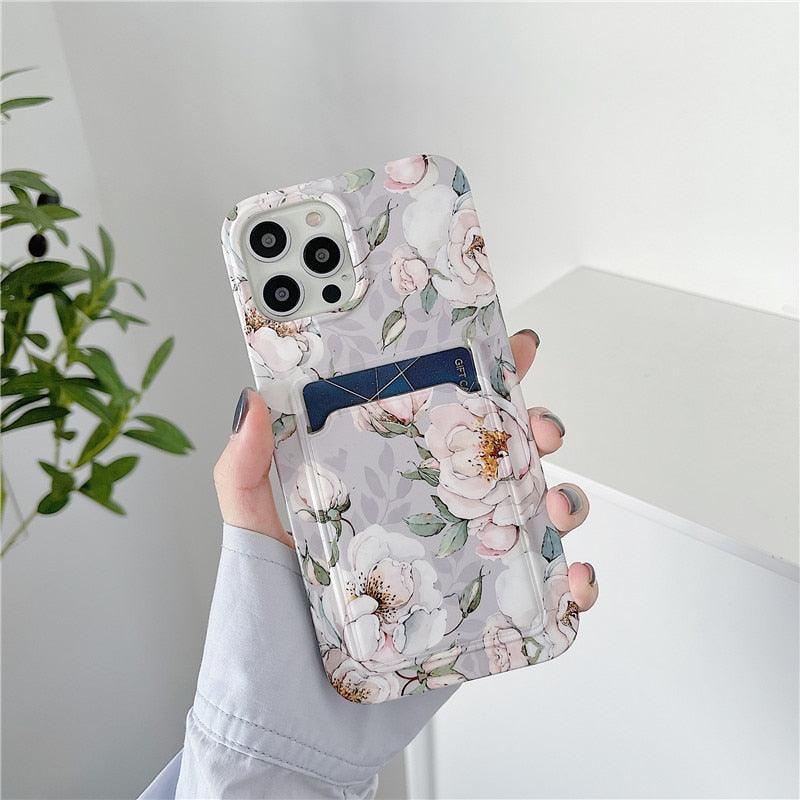 Marble Card Holder Flower Leopard Print Phone Case For iPhone 11 12 13 Pro Max Wallet Soft Silicone Cover Silicone Grey White Shiny Slim Soft Scratch Resistant Case