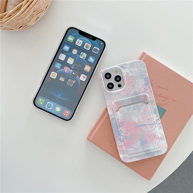 Marble Card Holder Flower Leopard Print Phone Case For iPhone 11 12 13 Pro Max Wallet Soft Silicone Cover Silicone Grey White Shiny Slim Soft Scratch Resistant Case