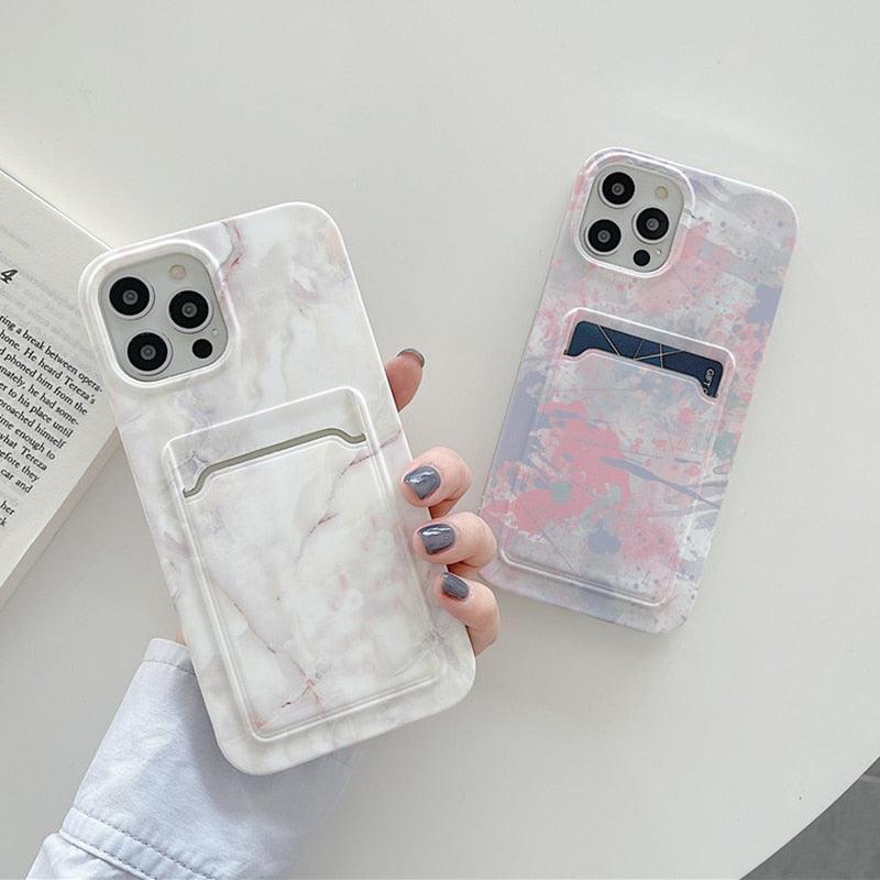 Marble Card Holder Flower Leopard Print Phone Case For iPhone 11 12 13 Pro Max Wallet Soft Silicone Cover Silicone Grey White Shiny Slim Soft Scratch Resistant Case