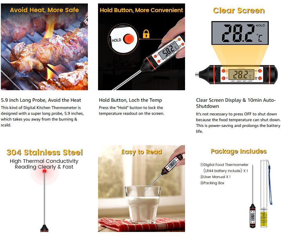 Meat Thermometer Digital Cooking Food Digital Candy Cooking Thermometer Kitchen Cooking Thermometer Instant Read for BBQ Grill Oil Milk Bath Water Deep Fry Kitchen BBQ Probe Water Milk Oil Liquid Oven Digital Temperature Sensor Meter Thermocouple