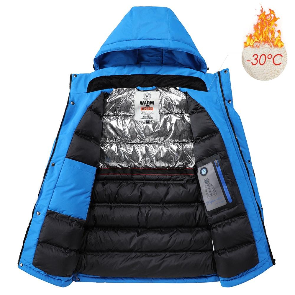 Men Blue Winter Outdoor Jacket New Ski Snow Warm Jacket Coat New Design Stylish Men's Breathable Jacket Comfortable Casual Hooded Waterproof Thick Fleece Jackets For Men Detachable Hood Jacket