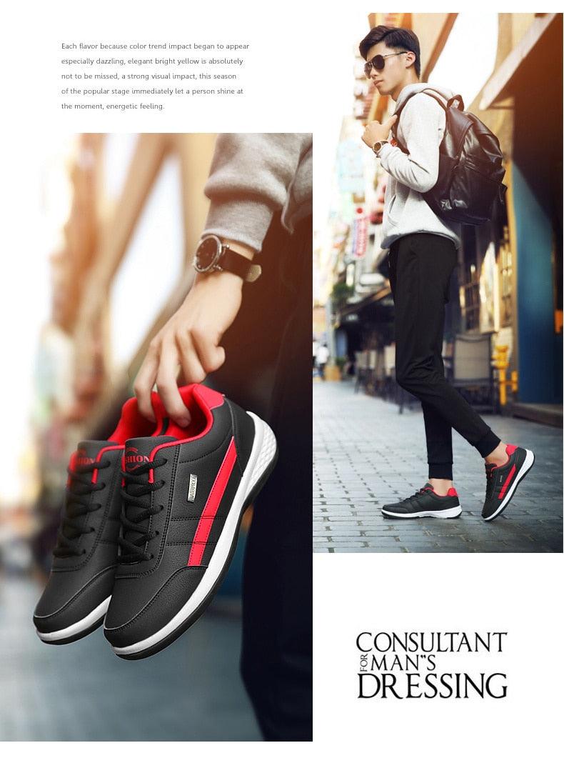 Men's Leather Sneakers Casual Comfortable Luxury Sneakers Man Lace-Up Athletic Sports Artificial Leather Mens Spring Flats Trainers Outdoor Mens Casual Sports Sneakers