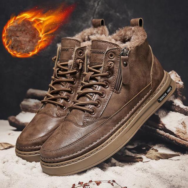 Men's Winter Cotton Shoes High-Top Fashion Casual Trend Boots Flat Shoes Winter Snow Boots Warm Ankle Booties Outdoor Work Shoes For Cold Weather Soft Comfortable Walking Brown Shoes