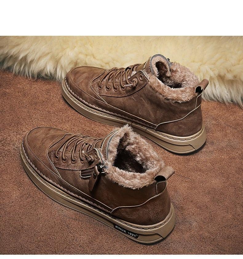 Men's Winter Cotton Shoes High-Top Fashion Casual Trend Boots Flat Shoes Winter Snow Boots Warm Ankle Booties Outdoor Work Shoes For Cold Weather Soft Comfortable Walking Brown Shoes