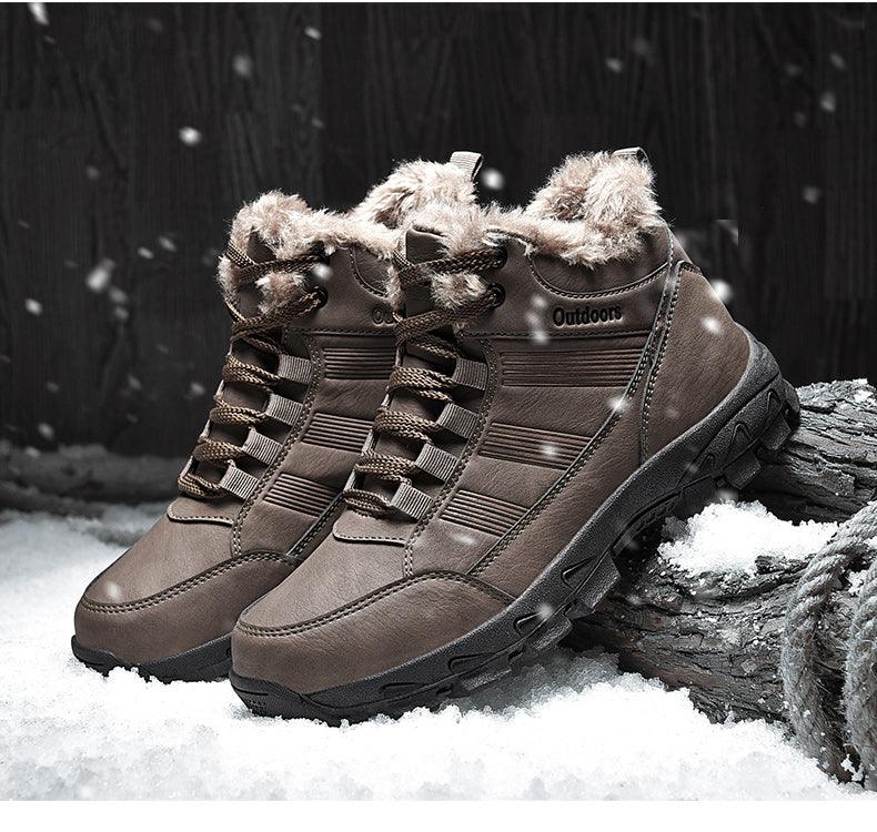 Mens Ankle Snow Boots Winter Fur Warm Leather Outdoor Walking Mountain Climbing Waterproof Snow Boots Outdoor Warm Non Slip Fur Lined Ankle Boots Leather Winter Shoes