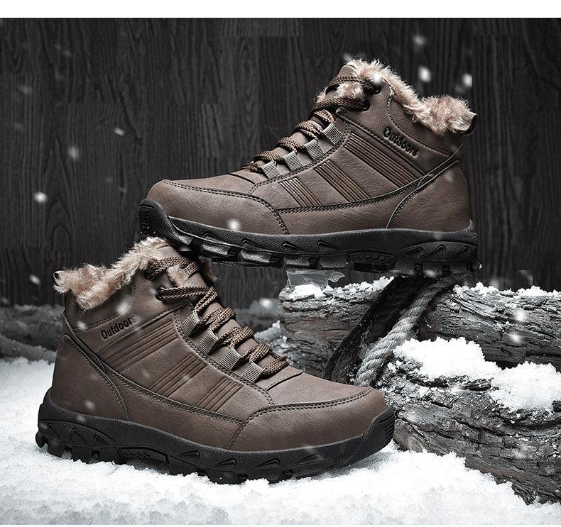 Mens Ankle Snow Boots Winter Fur Warm Leather Outdoor Walking Mountain Climbing Waterproof Snow Boots Outdoor Warm Non Slip Fur Lined Ankle Boots Leather Winter Shoes