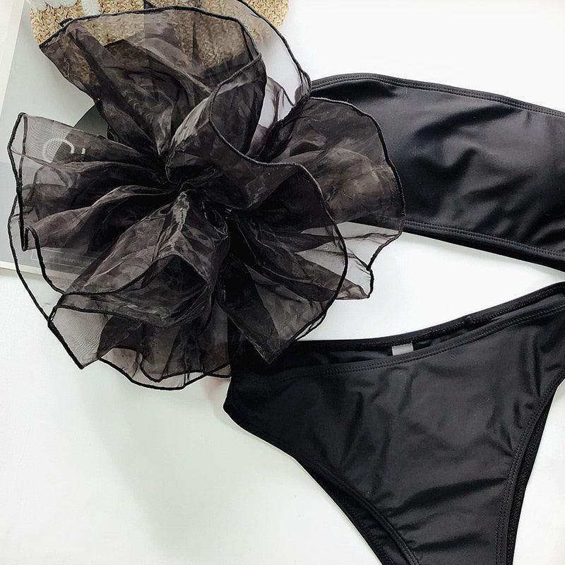 Mesh Ruffle Swimsuit Female Bikini Strapless Swimwear Women High Waist Bikini Set Black Pink Bathing Suit Women Ruffle Bikini Yellow Swimsuit Two Piece Flounce Bathing Suit Set