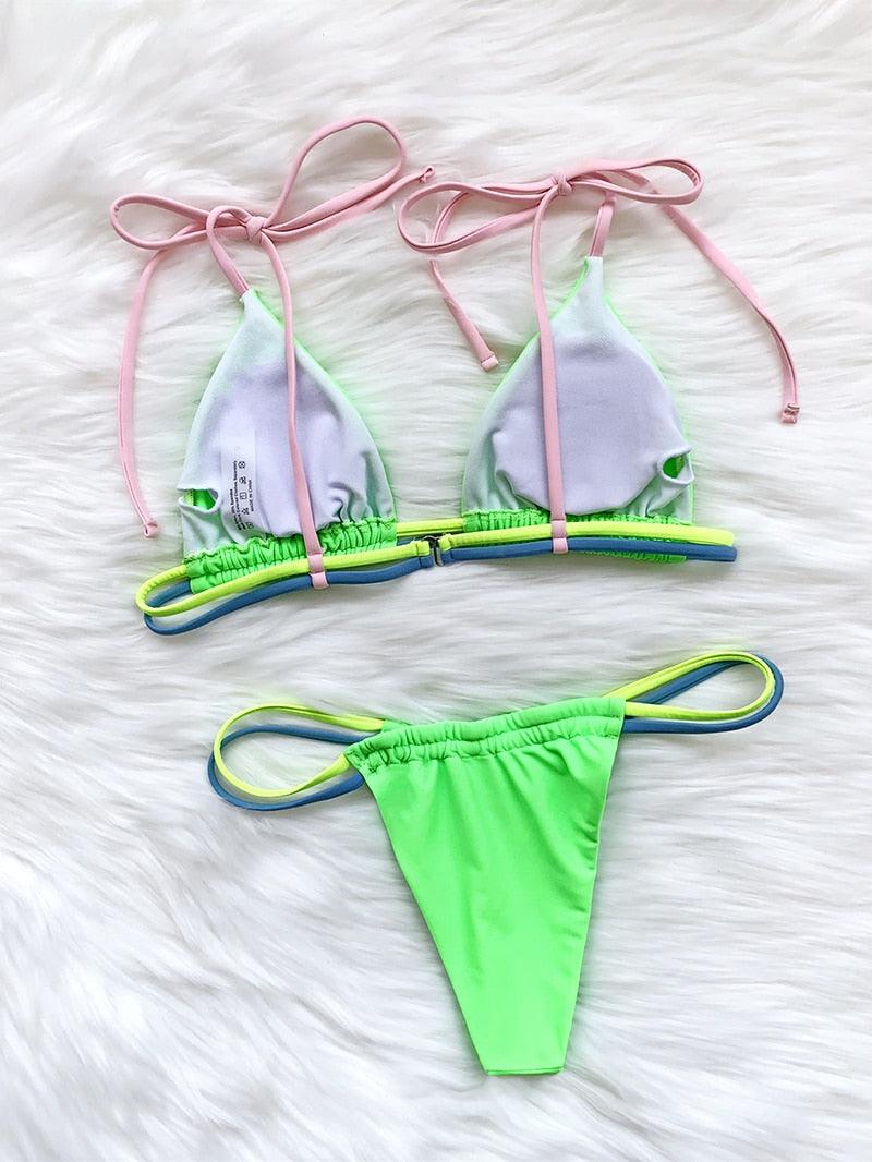 Micro Bikini Set For Women Black Blue Green Pink String Swimwear Women's Halter String Triangle Bikini Set Charming Swimwear Two Piece Swimsuit Women's Swimsuit Push Up Bathers Bathing Suit Bikinis